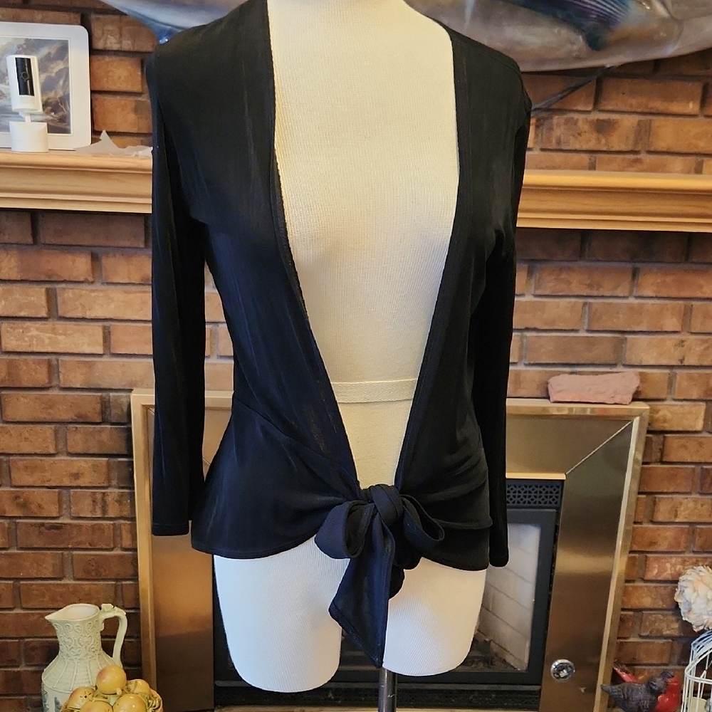 Chico's Travelers Black Women's Open Front Cardigan With Tie Size Small Stretchy